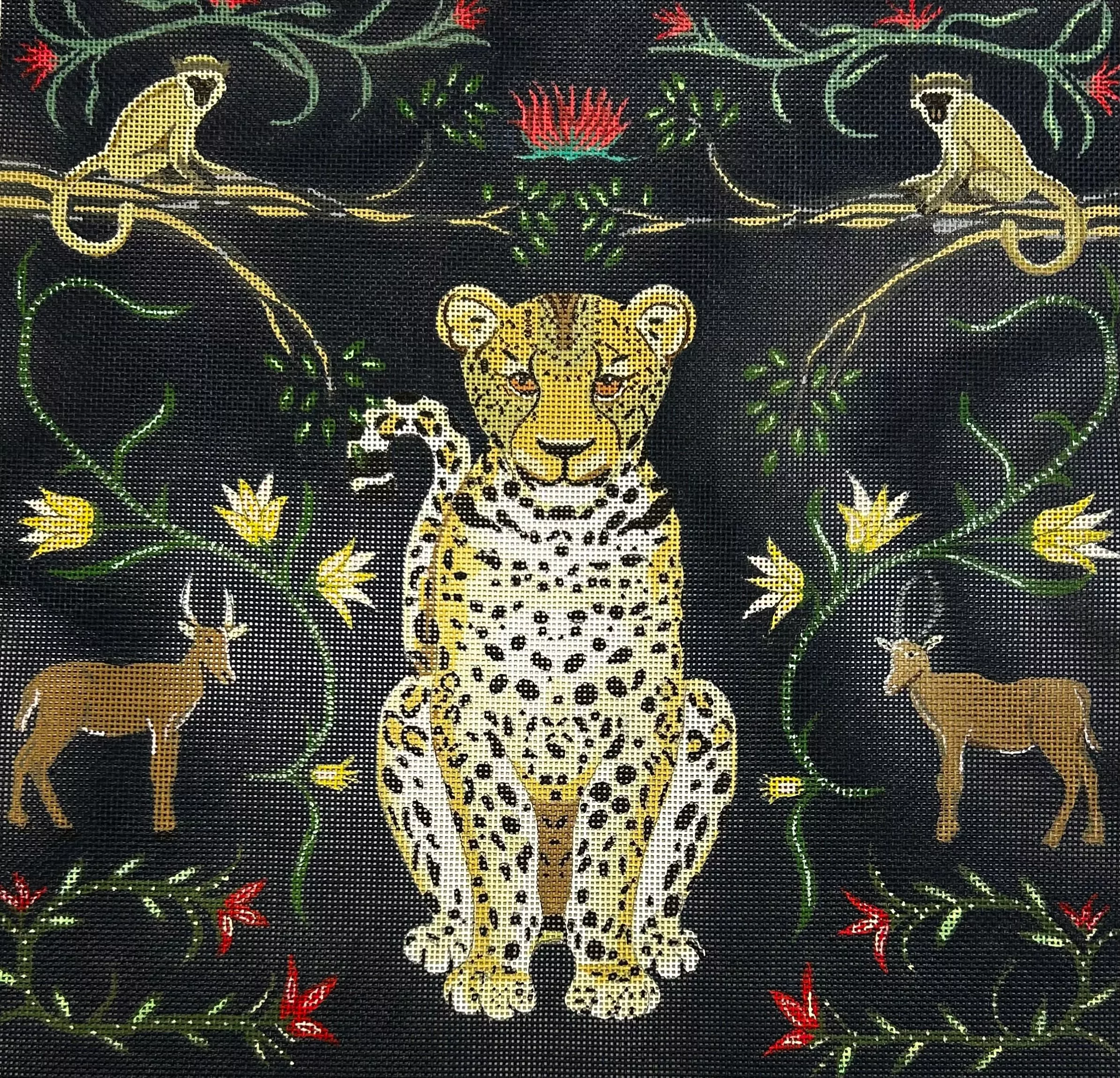 AT102 LEOPARD WITH BOTANICALS - DARK BLUE BACKGROUND